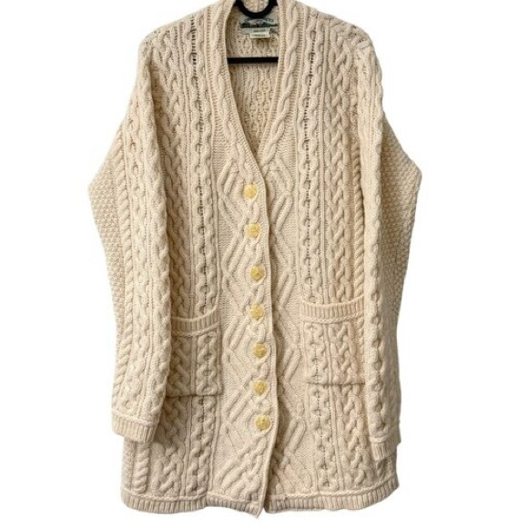 Aran Crafts Sweaters - Aran Crafts 100% Merino Wool Ivory Cable Knit Cardigan Button Down Pockets XXL